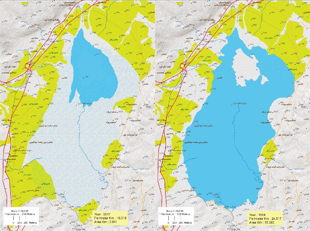 نقشه توپوگرافی دریاچه دشت ارژن فارس