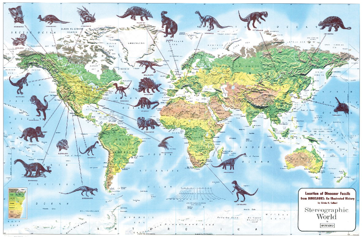پوستر موقعیت فسیل دایناسورهای کشف شده در سراسر دنیا